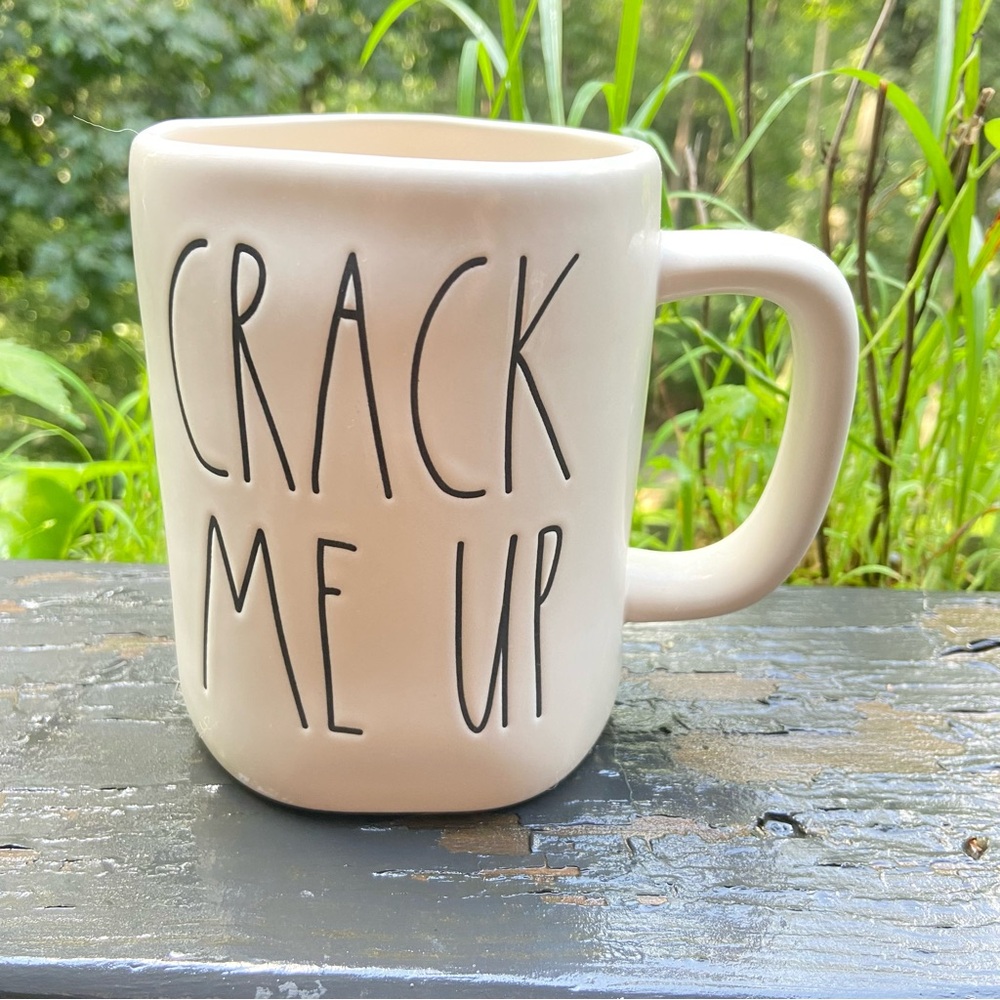Rae Dunn Cream Mug with 'Crack Me Up' Text